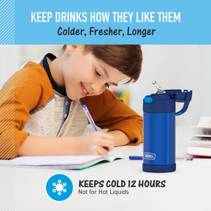 THERMOS FUNTAINER 12 Ounce Kids Straw Bottle - Stainless Steel Vacuum Insulated, Blue Color