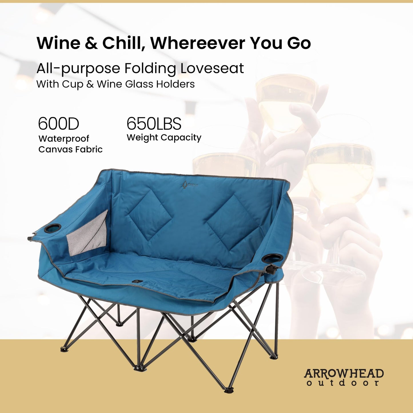 ARROWHEAD OUTDOOR 2-Pack Portable Folding Double Duo Camping Chair Loveseat w/ 2 Cup & Wine Glass Holder, Carrying Bag, Supports up to 650lbs