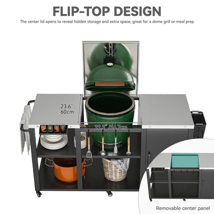 YITAHOME Big Green Egg Grill Table with Removable Stainless Steel Tabletop, Outdoor Kitchen Island with Spice Rack, Paper Towel Holder, and Trash Bag Holder, BBQ Prep Table for Parties