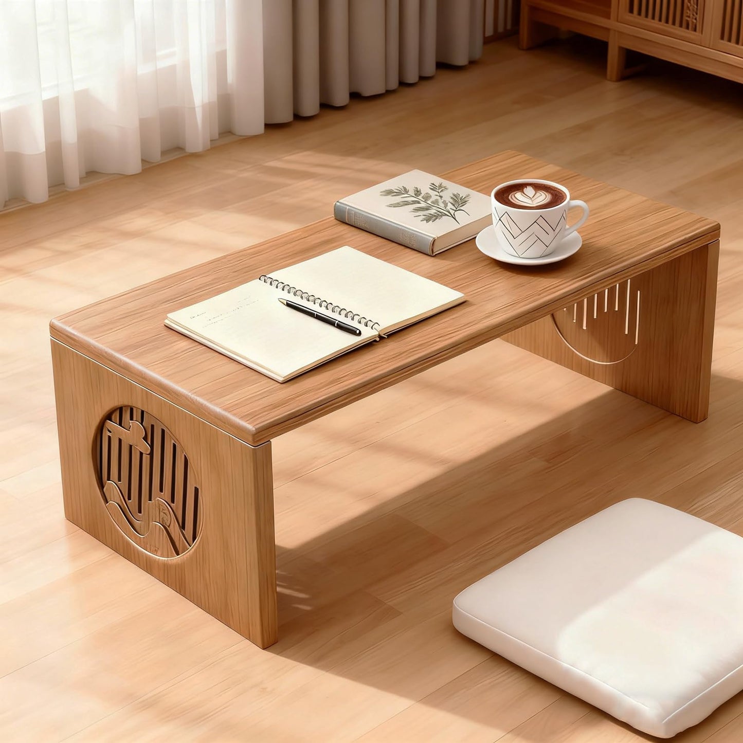 teyeard Japanese Folding Coffee Table, Foldable Low Coffee Tables, Bamboo Floor Table Desk for Sitting on The Floor, No Assembly, Portable Living Coffee Table (39.4 Inch)