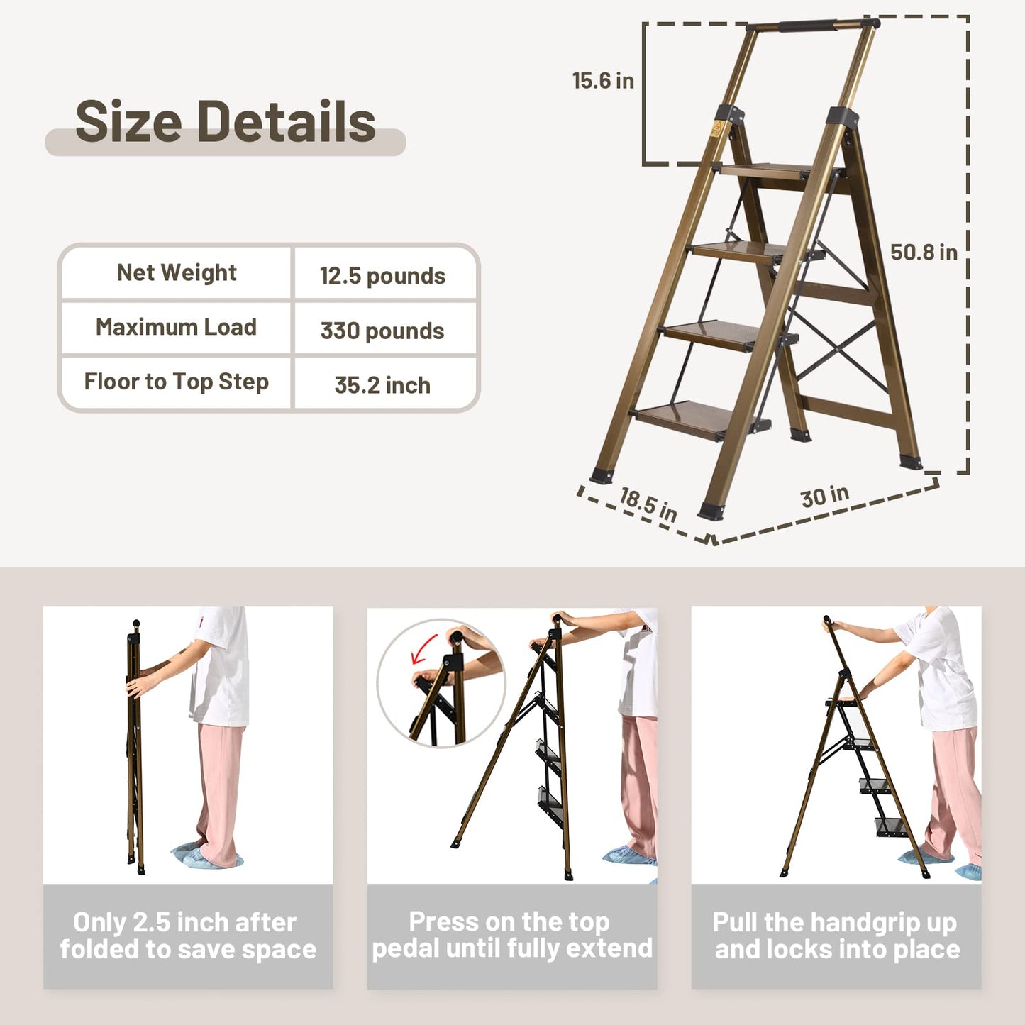XinSunho 4 Step Ladder, Aluminum 4 Step Stool with Retractable Handrail and Anti-Slip Wide Pedal, Folding Stool Ladders 4 Steps, 330lbs Safety Household Slim Ladder