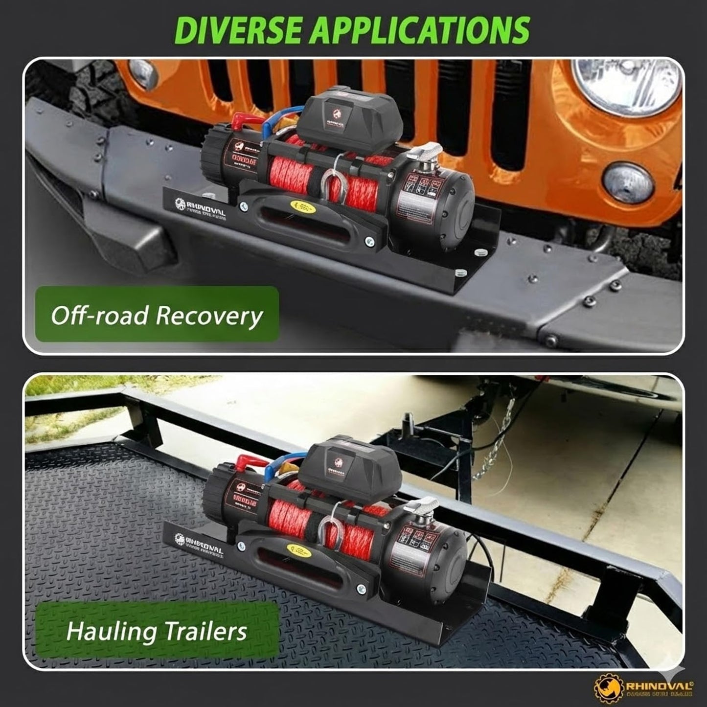 RHINOVAL 13000lb Electric Winch, Synthetic Rope, Battery Disconnect Switch, Low Profile Control Box, 12V, IP67 Waterproof, Wireless Remote, for Offroad Recovery SUV, Truck, Boat Trailers, Flatbeds