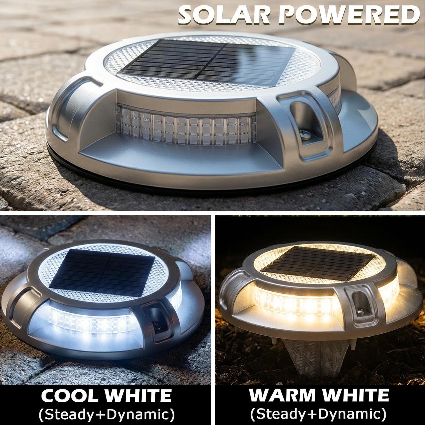 SIEDiNLAR Solar Driveway Lights Outdoor 4 Modes 40 LEDs Deck Driveway Markers Marine Dock Light Waterproof for Walkway Ground Pathway Step Garden Yard, White/Warm Dynamic Lighting (16 Pack)