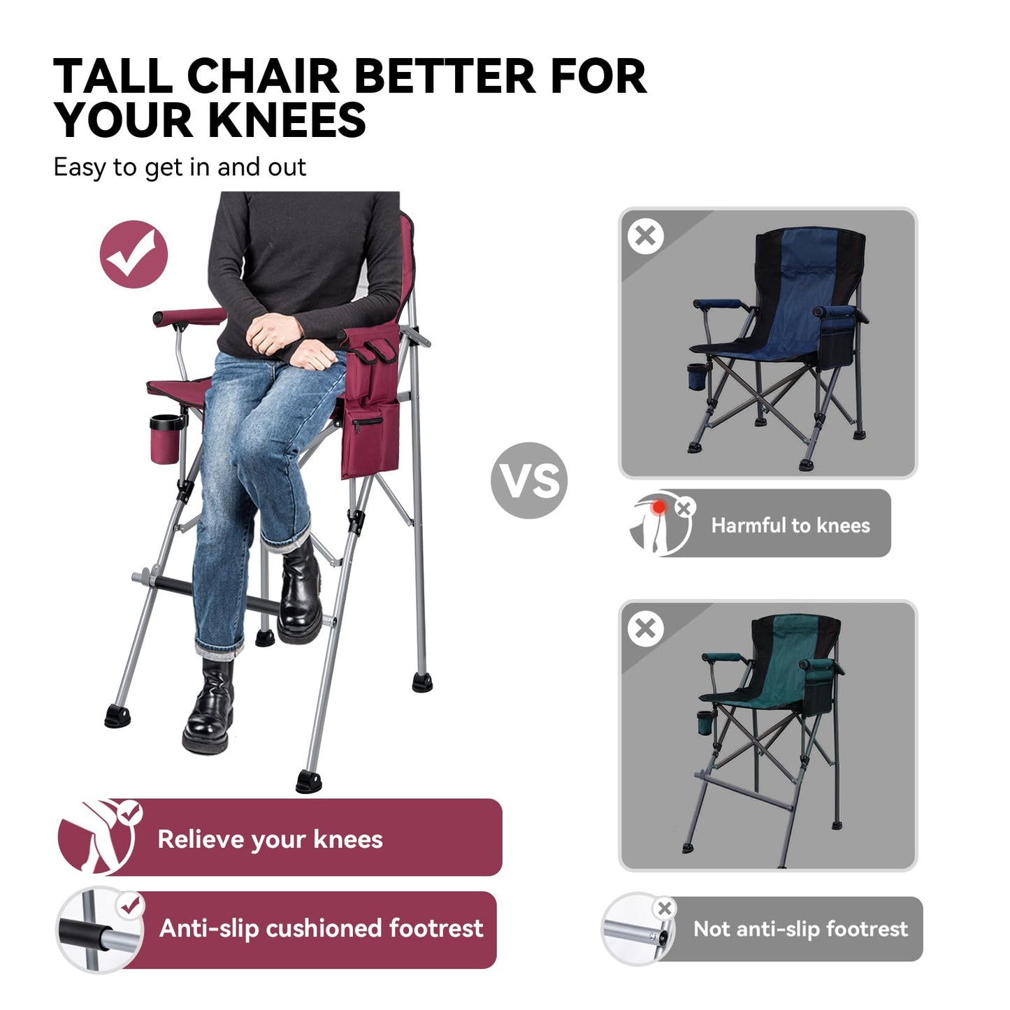 Thallike Foldable Directors Makeup Salon High Chair - Portable Camping Bar Height Folding Photoshoot Chairs with Stroage Bag Cup Holder Non-Slip Footrest, Supports 400 lbs Red Tall Director Chair