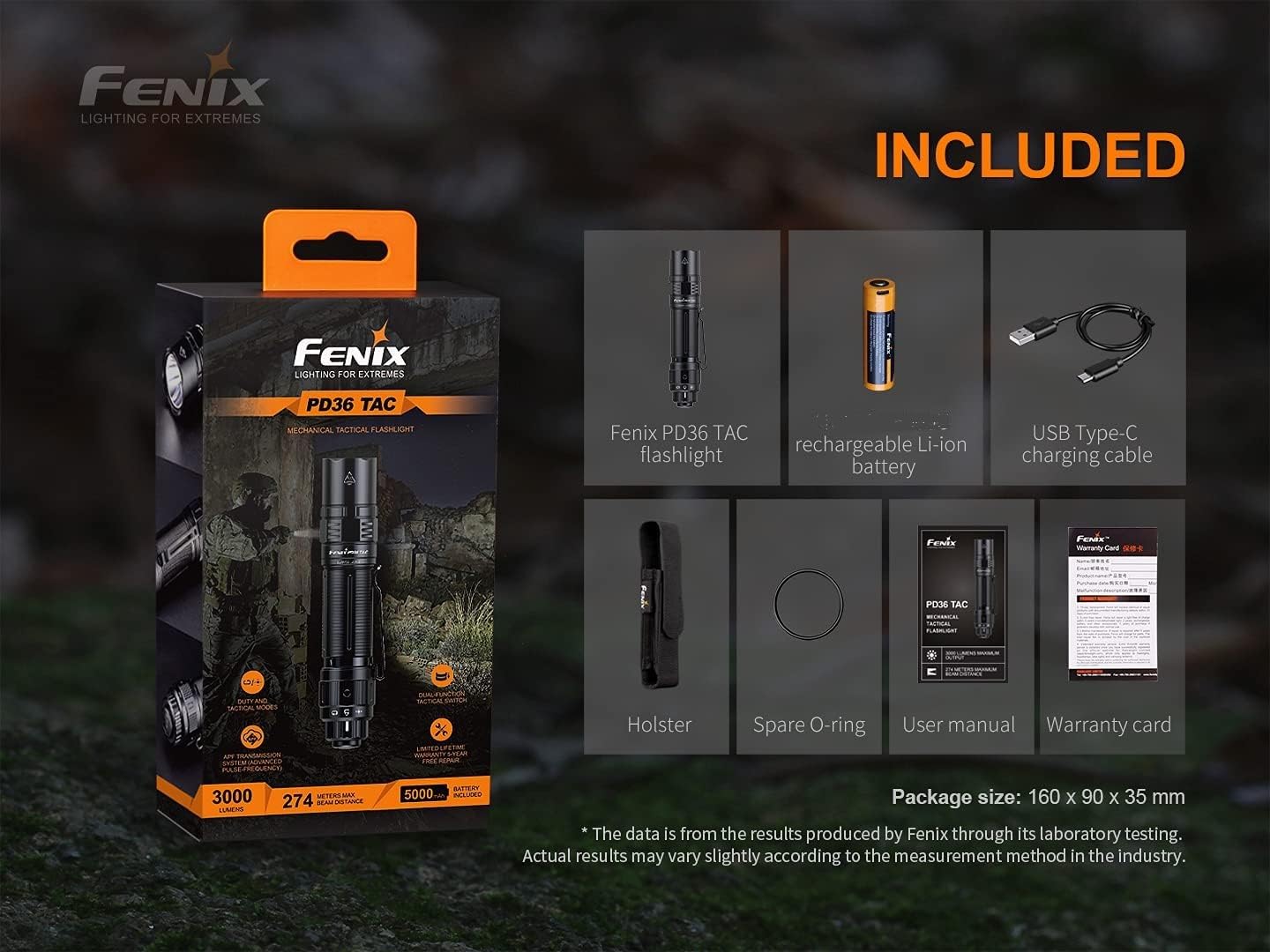 EdisonBright Fenix PD36 TAC 3000 Lumen LED Tactical Flashlight, Holster and Battery USB Charging Adapter