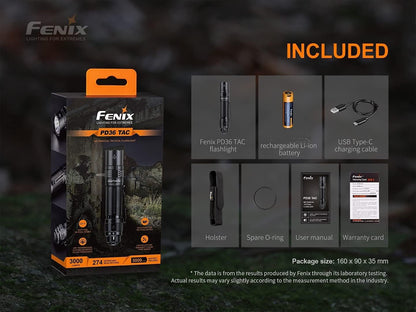 EdisonBright Fenix PD36 TAC 3000 Lumen LED Tactical Flashlight, Holster and Battery USB Charging Adapter