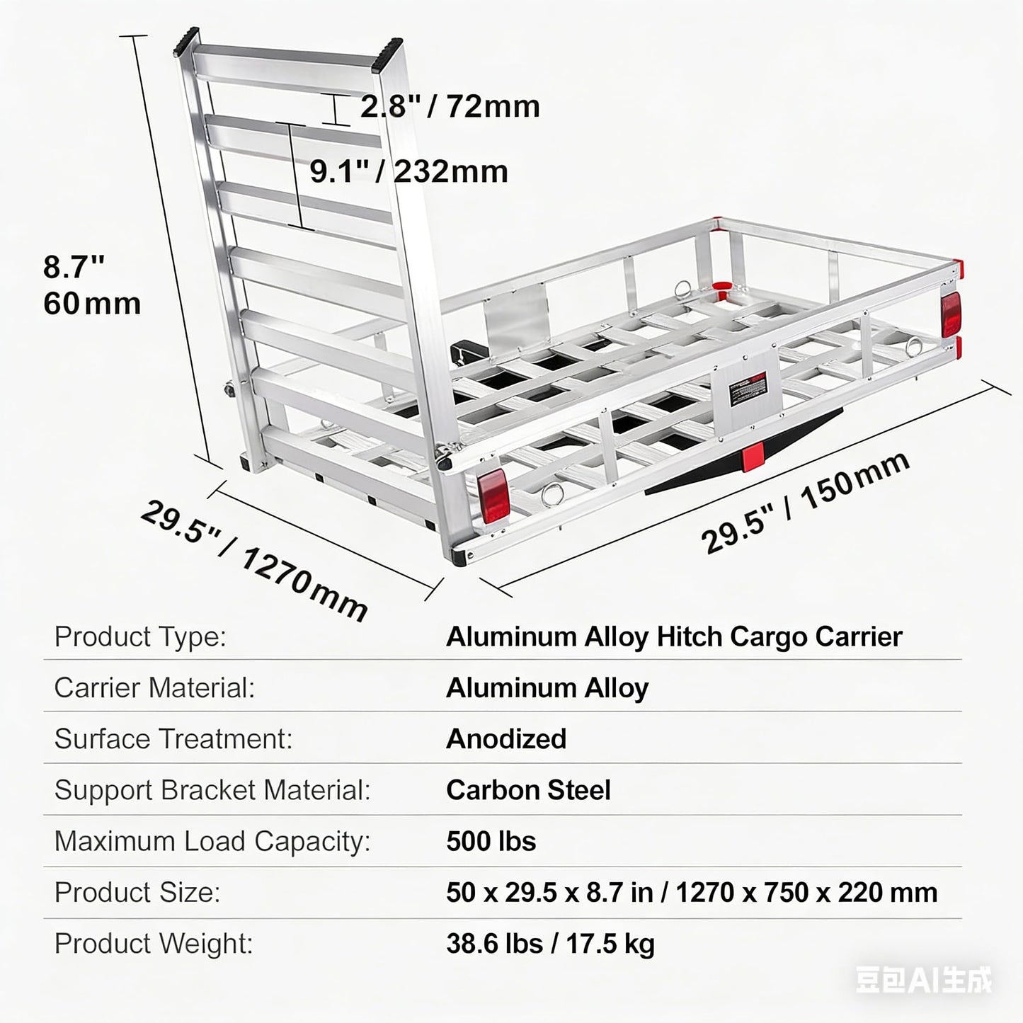 LOEZORA 500LB Hitch Cargo Carrier with Folding Ramp, 50 x 29.5 Inch Aluminum Cargo Basket, Heavy Duty Trailer Hitch Mounted Rack for 2" Receiver, SUV Truck Van