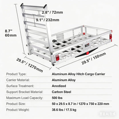 LOEZORA 500LB Hitch Cargo Carrier with Folding Ramp, 50 x 29.5 Inch Aluminum Cargo Basket, Heavy Duty Trailer Hitch Mounted Rack for 2" Receiver, SUV Truck Van