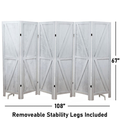 Premium Home 6-Panel Room Divider – Rustic White Barn Door, K Pattern Folding Privacy Screen, Partition Wall