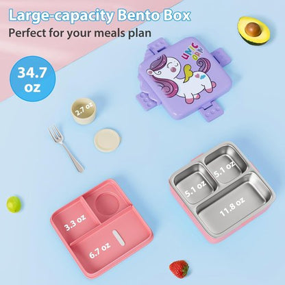 Freshmage Stainless Steel Bento Box - Large Capacity, Leakproof & BPA-Free | 3 Compartments, Pink