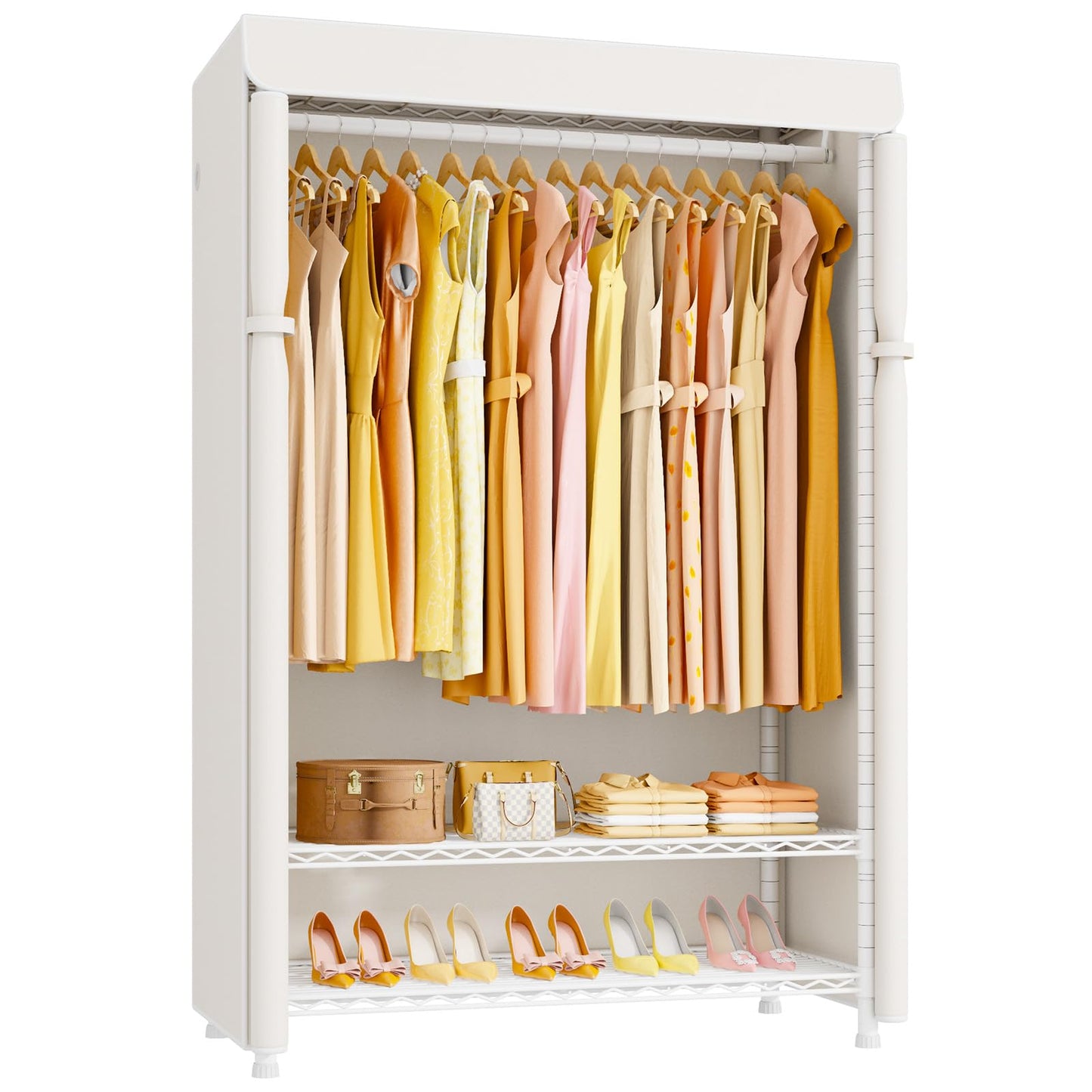 ULIFHOME H5C Plus Clothes Rack with Cover, Portable Closet for Hanging Clothes, Covered Clothing Racks Heavy Duty, Garment Racks with Shelves, Max Load 370LBS, White Closet Rack with White Cover