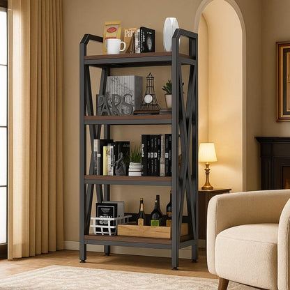 flowmultiply 4-Tier Bakers Rack Storage Shelf – Metal & Wood Kitchen Organizer with Adjustable Shelves, Rustic Industrial Shelf for Pantry or Office (15.8" L × 25.6" W × 56.3" H)