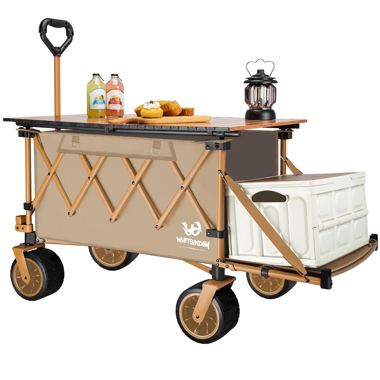 Whitsunday Collapsible Folding Wagon with Table,Heavy Duty Utility Beach Wagons with Opened Tailgate and All-Terrain Wheels for Camping,Garden,Sports Khaki