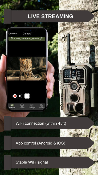 GardePro E8PMB WiFi Trail Camera (Non-Cellular), Stable WiFi with External Antenna, 8000mAh Rechargeable Battery, 32GB Built-in Memory, On-Site App Viewing, No-Glow Night Vision, Motion Activated
