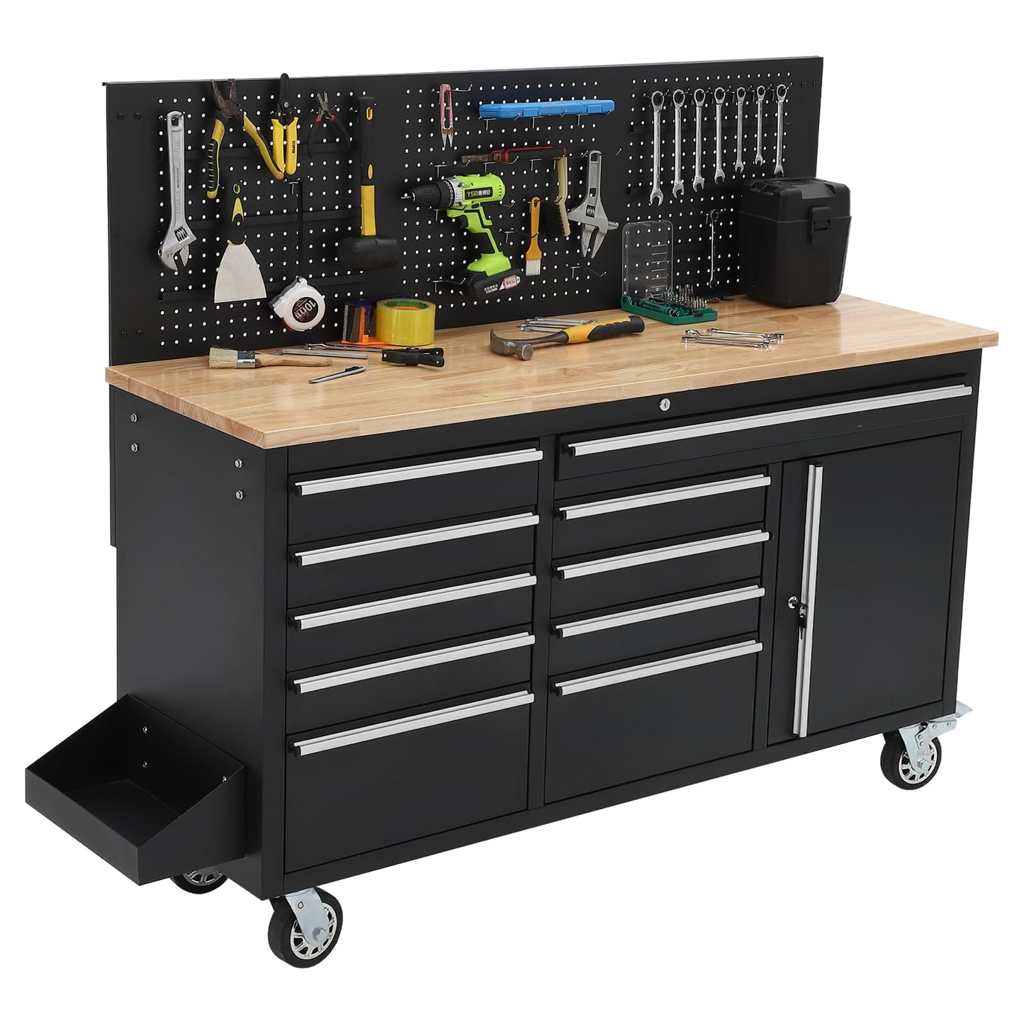 61-inch Rolling Tool Chest, 10 Drawers Garage Workbench Storage Tool Cabinet with Power Strip, Solid Rubber Wood Top, 1675 LBS Load Mobile Workstation, Heavy Duty Rolling Cabinet