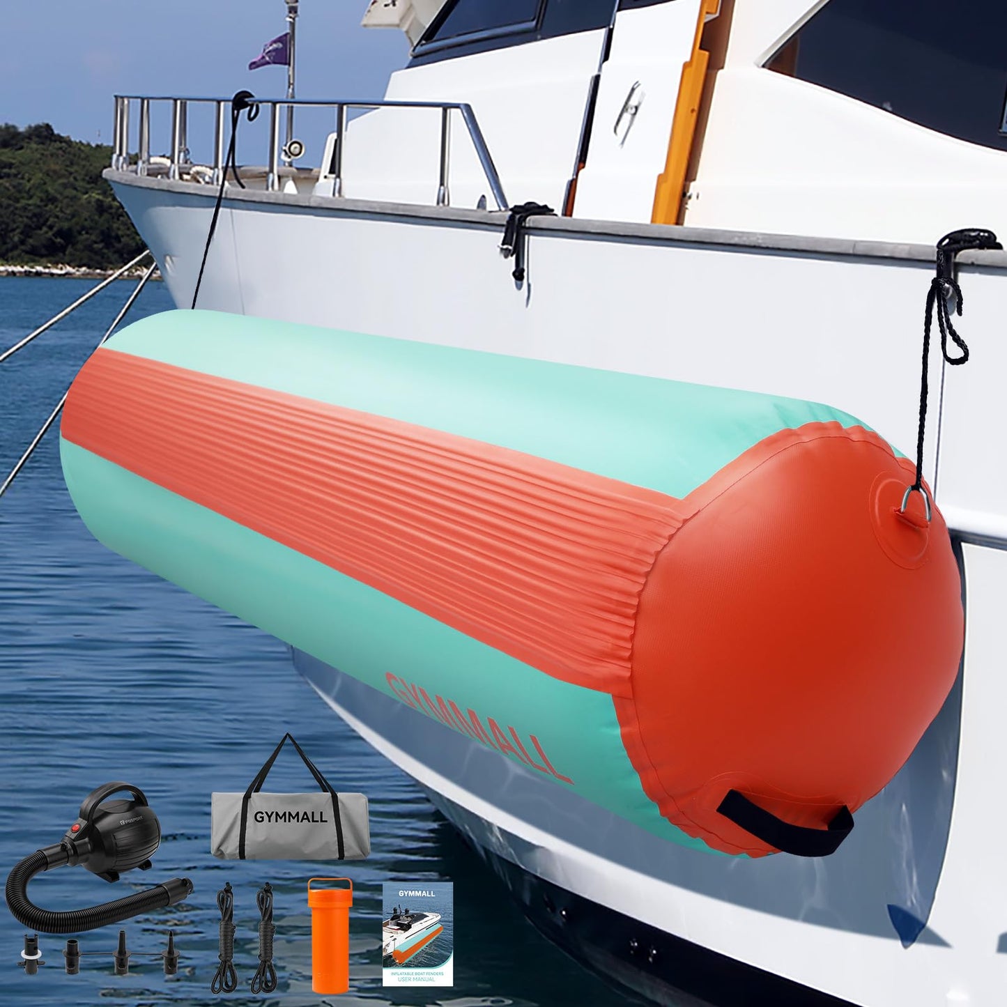 GYMMALL Inflatable Boat Bumpers for Docking Boat Fenders with 600W Electric Pump, 10FT Heavy Duty PVC Dock Bumpers Fenders 1 Pack for Fishing Boats, Jet Skis, Yachts, Floating Dock - Orange Green