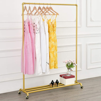BOSURU Rolling Gold Clothing Racks on Wheels, Retail Display Industrial Pipe Clothing Racks for Hanging Garment Racks for Boutiques, Home