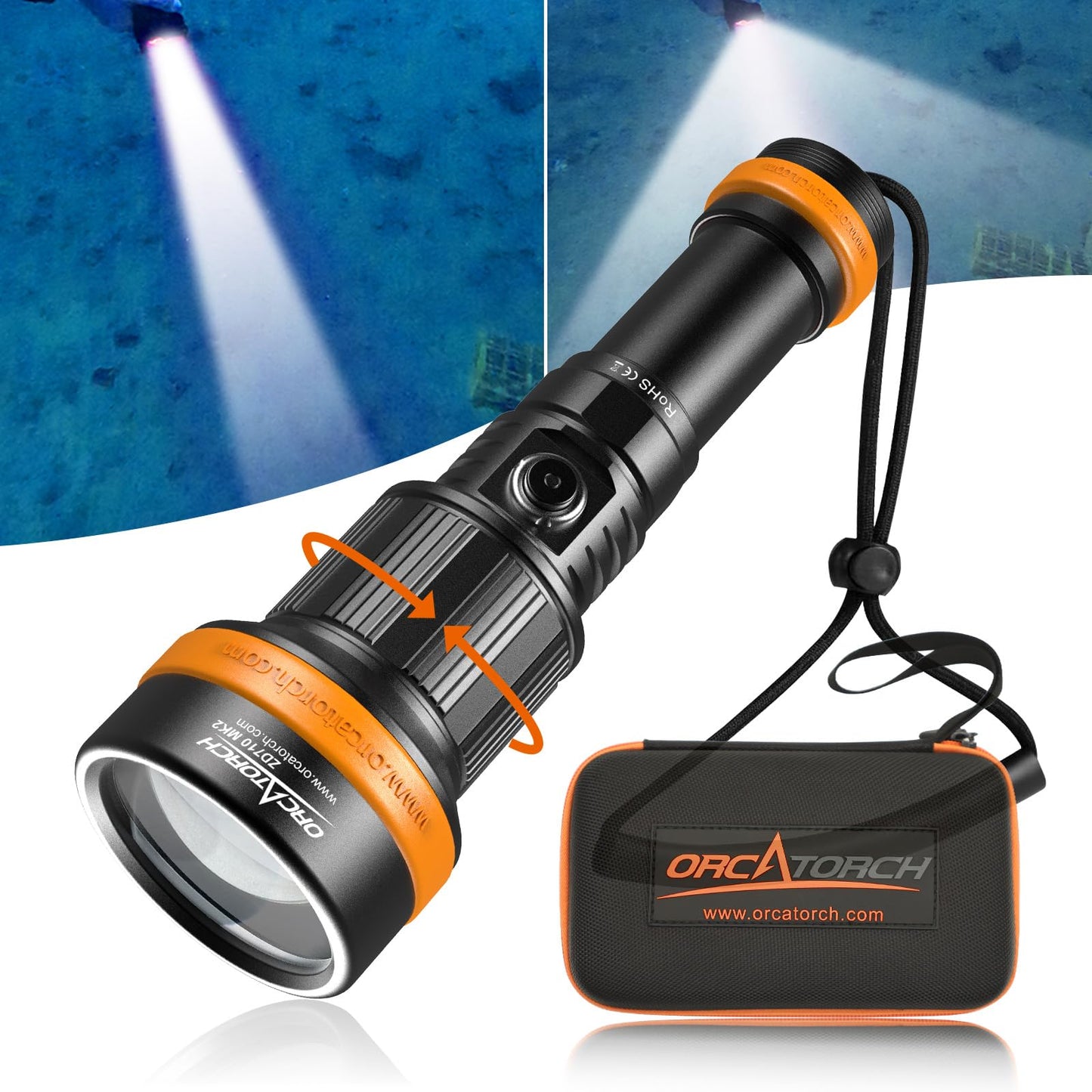 ORCATORCH ZD710 MK2 2-in-1 Zoomable Dive Light, 4-72 Degrees Adjustable Beam Scuba Diving Flashlight with 4 Modes, 920m Long Range, IP68 Waterproof Submersible Torch for Under Water Deep Sea Cave