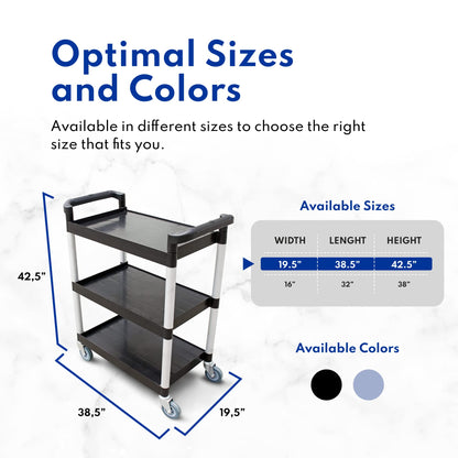 New Star Foodservice Heavy-Duty 3-Tier Plastic Utility Bus Cart with Locking Casters, 350 lb Capacity, 42.5 x 19.5 x 38.5 Inch, Black