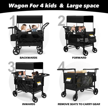 VOOI Stroller Wagon 4 Seater, Wagon for Kids, Collapsible W4 Stroller with Seats with 5-Point Harnesses, Easy Access Zipper Door, and Removable Sun Canopy (Black, W4-Large)