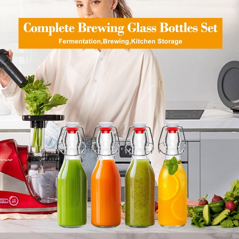 8oz Swing Top Glass Bottles - 12 Pack Flip Top Glass Bottle with Airtight Lid for Home Brewing, Fermentation, Beer, Vanilla Extract, Limoncelle, Kombucha, Kefir, Soda, Bonus Gaskets and Pourers