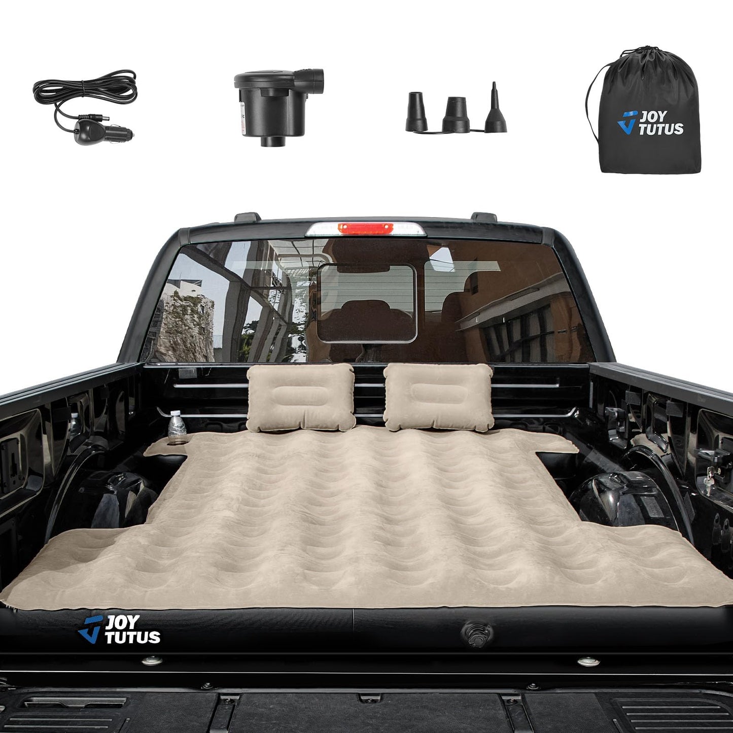 JOYTUTUS Truck Bed Air Mattress for 6.4-6.7Ft, Full Size Regular Beds for Pickup Outdoor Camping, Truck Tent Accessories with Carry Bag & Cup Holder & Cavity Design, Camel&Black