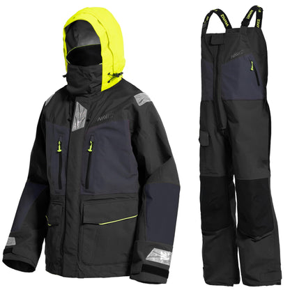 Men's Ocean Sailing Suit Offshore Sailing Jacket & Bib Pants Combi Clothes Set - Hi-Vis Wet Weather Gear Hips & Knees Patches (Black, Large)