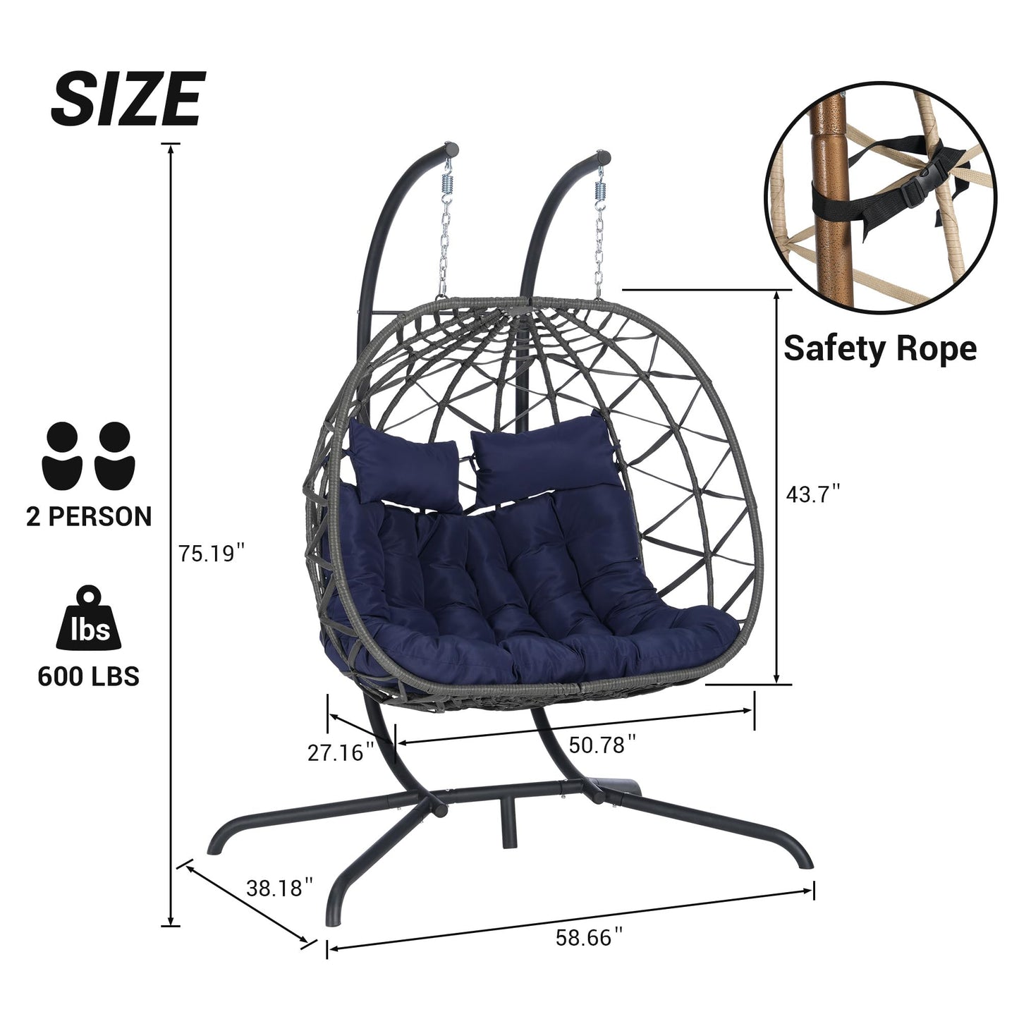 KEIKI Double Swing Egg Chair with Stand, Patio Rattan Wicker Hammock Egg Chair with UV Cushion, 2 Person Outdoor Indoor Hanging Basket Chair, 600LBS Capacity for Balcony, Dark Blue and Gray