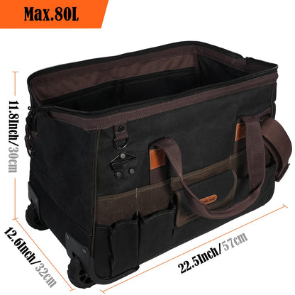 WELKINLAND 48Pockets Tool Bags With Wheels, 22Inch Rolling Tool Bag, Waxed Canvas Tools Bag Rolling Heavy Duty, Large Roll Tote For HVAC, Technician Rolling Tool Bag, Rolling Electrical Tools Bag