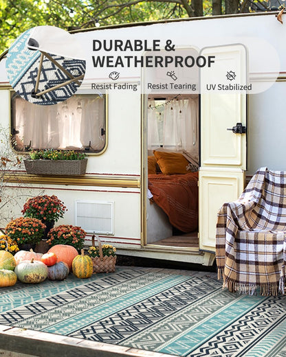 MontVoo Outdoor Rug Carpet Waterproof-Patio Rug Mat 10x14 Reversible RV Outdoor Camping Rugs Picnic Beach Mats Plastic Straw Outside Rugs for Balcony Porch Pool Deck Boho Patio Decor