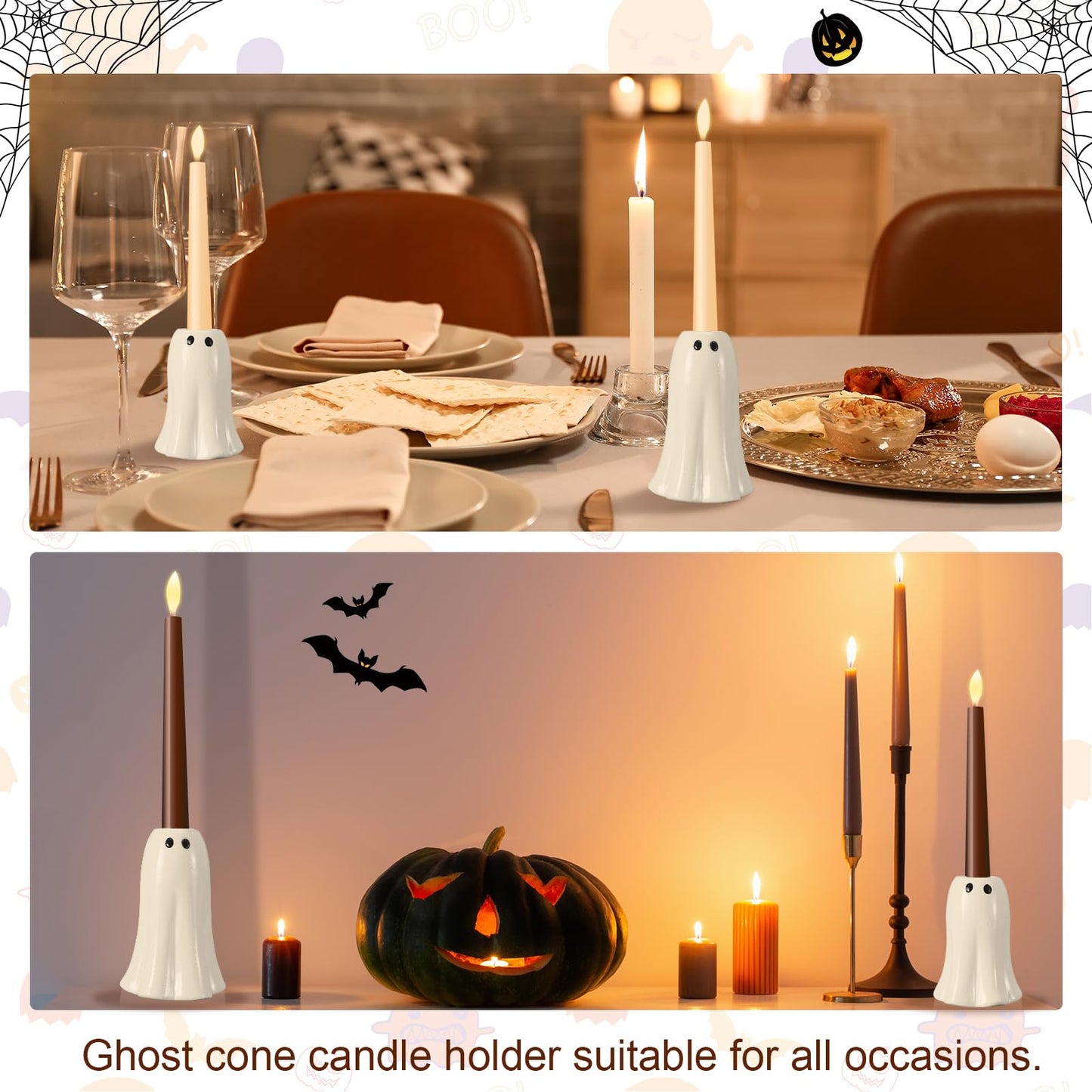 Reallnaive 2 Pcs Halloween Ghost Candlestick Holders Cute Ghost Shape Candle Stick Holders Halloween Ceramic Taper Candleholder for Wedding Party Holiday Office Home Gift Decorative Table Centerpiece