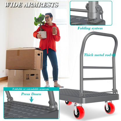 Platform Truck Foldable Flatbed Cart 24'' x 48'' Heavy Duty Push Cart Dolly 2600LBS Capacity Large Platform Cart w/ 5'' Swivel Wheels for Groceries, Garage, Warehouse