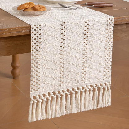 Socomi Boho Table Runner Summer Farmhouse Rustic Dining Kitchen Centerpiece Decor Small Macrame Woven Cotton Linen Coffee Table Runner for Dresser Scarf Home Decor 12x36 inch Cream Ivory