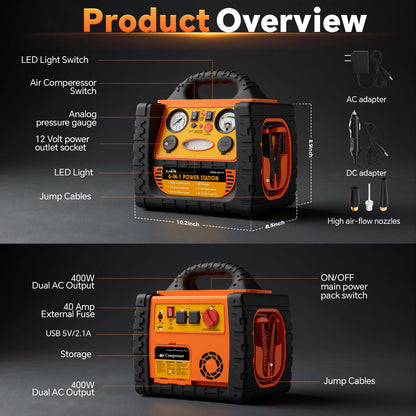 Portable Jump Starter with Air Compressor, FlyAuto 1800A Battery Booster for Cars, Trucks & SUVs, Up to 8.0L Gas & 6.0L Diesel, 150PSI Tire Inflator, Emergency Power Pack with AC/DC/USB