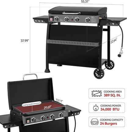 Royal Gourmet PD4001 4-Burner Propane Gas Griddle - Removable Cart & Convertible Tabletop Design | Black