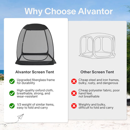 Alvantor® Pop Up Screen House, Outdoor Mosquito Mesh Tent with UV Resistant, Pop Up Canopy Easy Up, Foldable Screen Room for Camping,Backyard, Garden, Patio(Black, 6x6 FT)