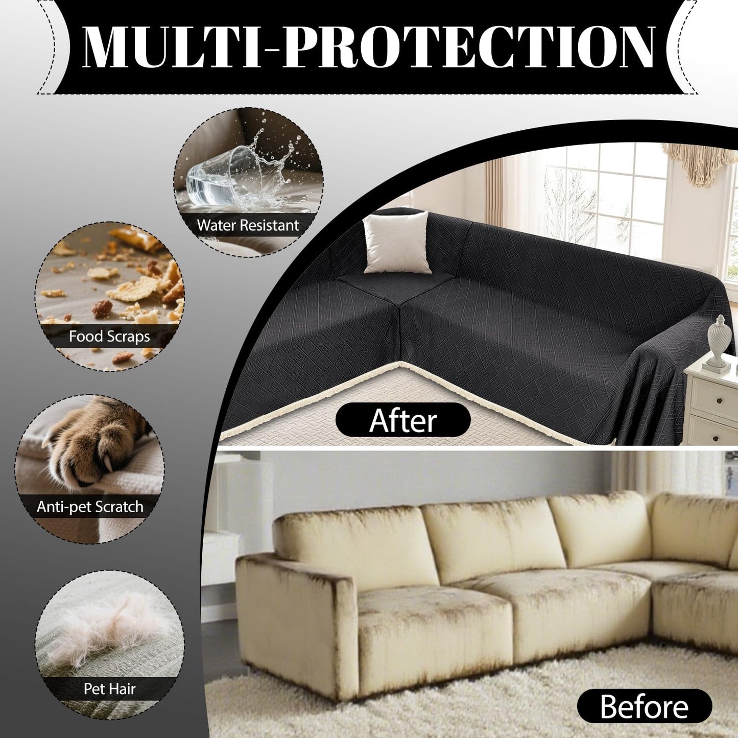HYZOTEX Waterproof Sectional Couch Covers Sectional Sofa Cover L Shaped Corner Sofa Slipcovers Blanket for Dogs Pets Washable Jacquard Quilted L Shape Furniture Protector (75x276 in, Charcoal Black)