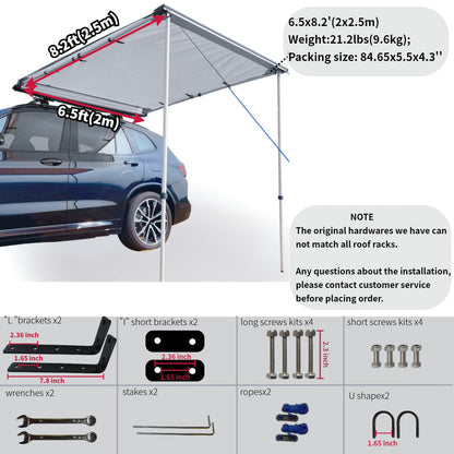 DANCHEL OUTDOOR Car Awning 6.5x8.2ft Roof Rack Pull-Out Sun Shelter Canopy, Waterproof 4x4 Vehicle Side Overland Awning Camping, Gray
