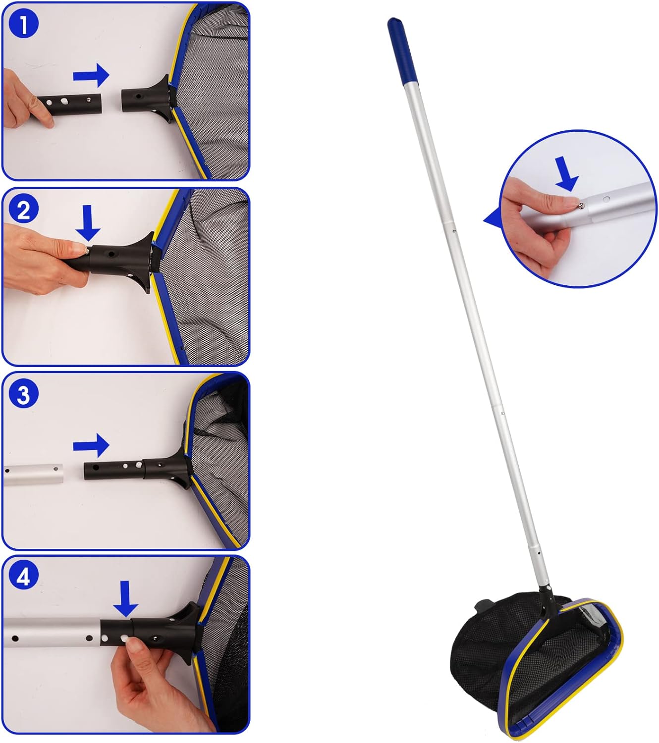 Poolvio Pool Deep Skimmer Net - Adjustable 3ft to 10ft Aluminum Pole & Fine Mesh Bag for All Pools