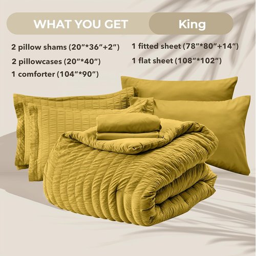 HYMOKEGE King Size Comforter Set - Mustard Yellow Seersucker 7-Piece Luxury Bedding Set