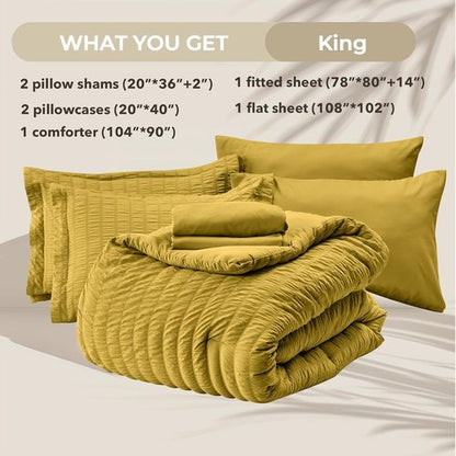 HYMOKEGE King Size Comforter Set - Mustard Yellow Seersucker 7-Piece Luxury Bedding Set