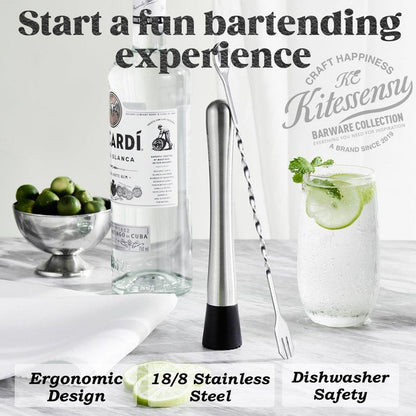 KITESSENSU Muddler and Bar Spoon, 8 Inch Stainless Steel Muddler for Cocktails, Excellent Choice for Mojitos, Caipirinhas, Fruits, Herbs, Spices Based Drinks
