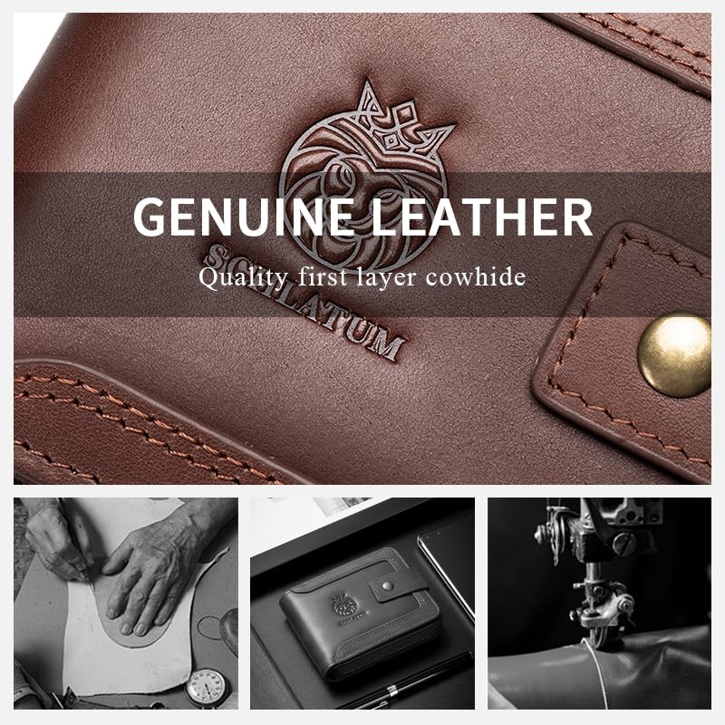 SCHLATUM Genuine Leather Zipper Wallet for Men RFID Blocking Large Capacity Vintage Wallet with Coin Pocket ID Window, Coffee