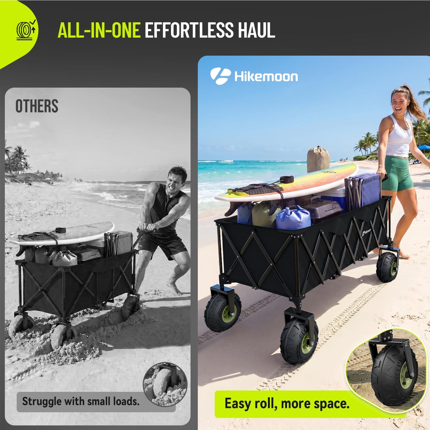 Hikemoon 400L Collapsible Beach Wagon with 10" Big Balloon Wheels for Sand, 54" Long Extra Large Wagons Carts Foldable, All Terrain Tires & 560LBS Heavy Duty, Utility Folding Cart for Outdoors, Black