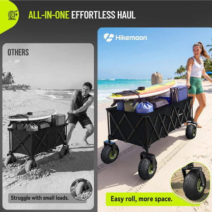 Hikemoon 400L Collapsible Beach Wagon with 10" Big Balloon Wheels for Sand, 54" Long Extra Large Wagons Carts Foldable, All Terrain Tires & 560LBS Heavy Duty, Utility Folding Cart for Outdoors, Black