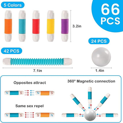 Magnetic Building Blocks Construction Set 66 Pieces Educational STEM Toy with Flexible Tubes and Connectors (66PCS)