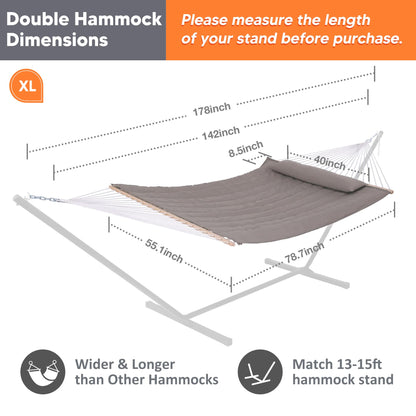 SUNCREAT Hammocks 2 Person Hammock with Hardwood Spreader Bar, Double Rope Hammock with Polyester Pad, Brown
