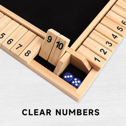 GSE Games &amp Sports Expert 1-4 Player Wooden Shut The Box Dice Board Game with 8 Dice. 4-Way 10 Numbered Shut The Box Set of Popular English Pub Board Game - Natural Wood
