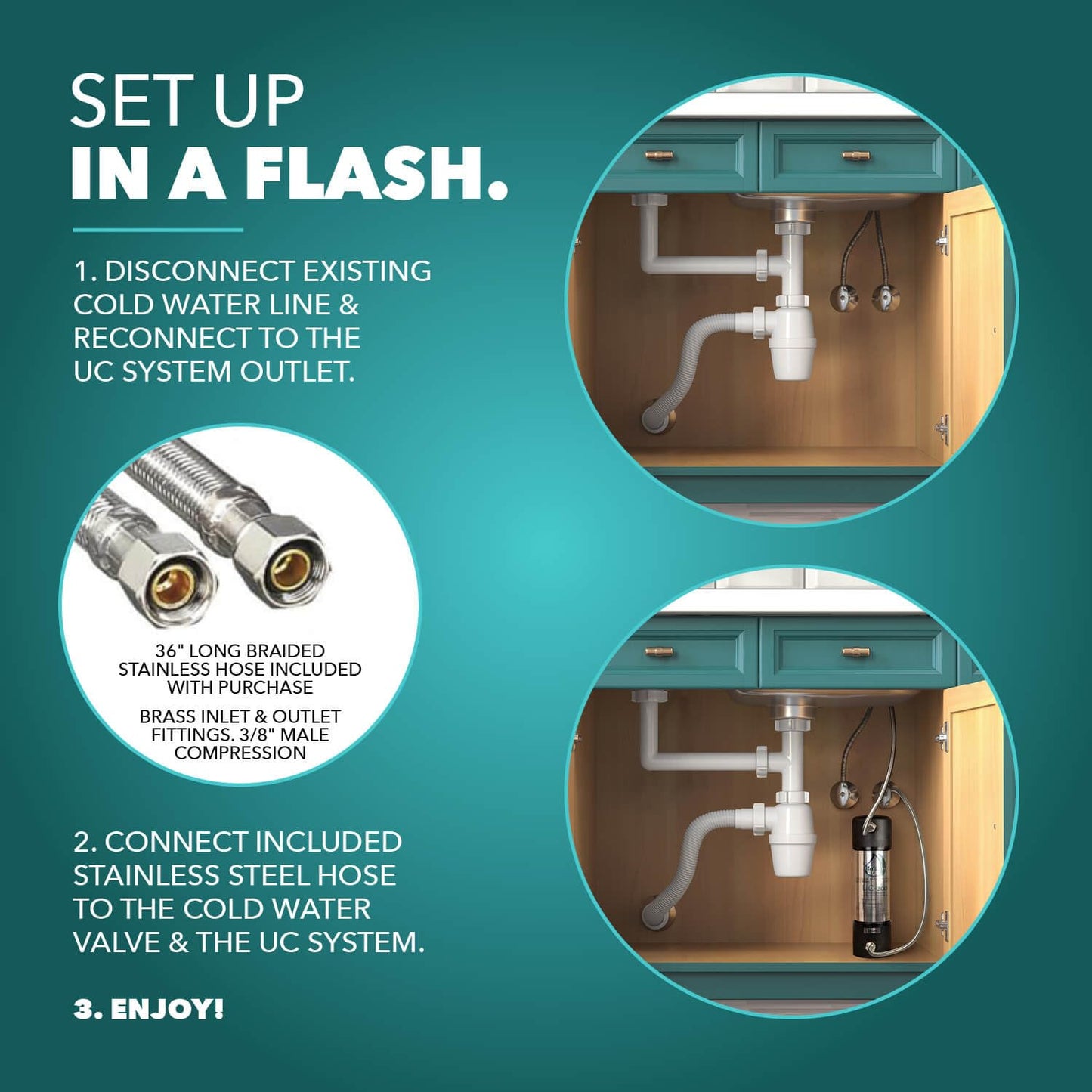 CuZn Under Sink Water Filter for Sink Faucet, 5 Year Filter Life, NSF/ANSI 42 & 372 Certified, Reduces PFAs, PFOS, Lead, Chlorine, Inline Faucet Connection, Improves Tap Water Taste