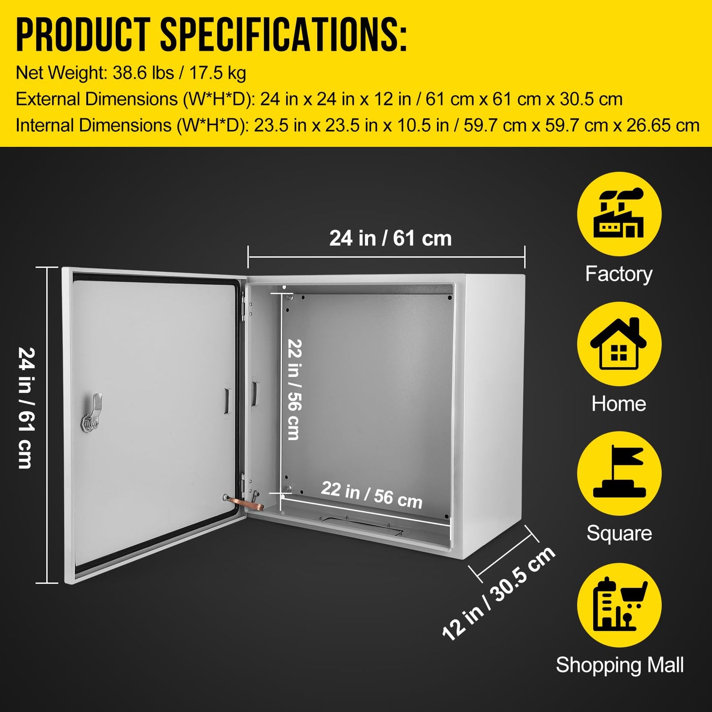 24x24x12 Inch NEMA 4X Industrial Steel Electrical Enclosure, Waterproof & Dustproof Outdoor Junction Box with Hinged Lockable Door and Mounting Plate for Commercial & Residential Circuit Protection
